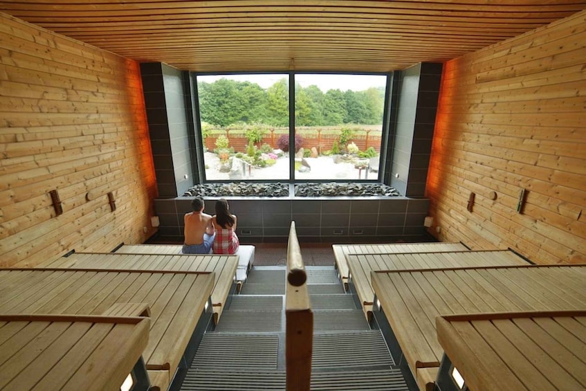 A wooden sauna with benches and a large window overlooking a garden. 5