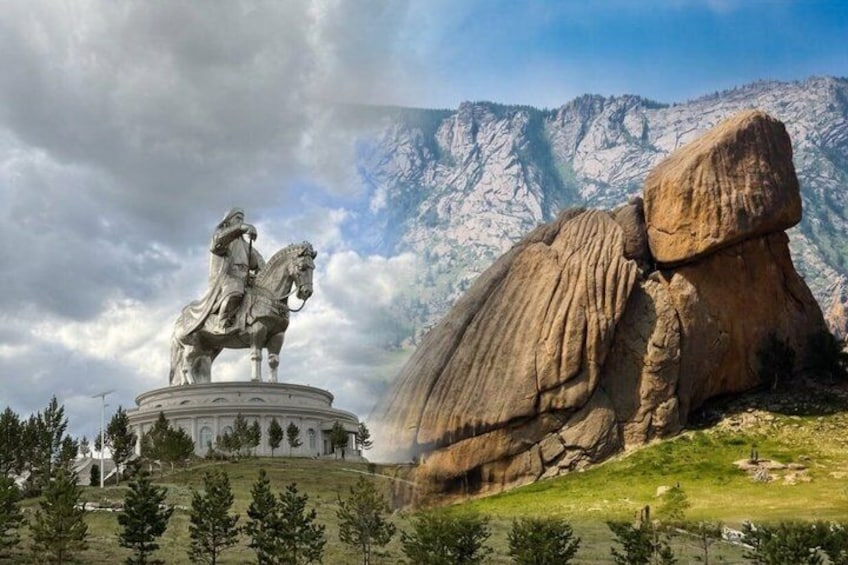 A statue of a man on horseback, a large rock formation, and a mountainous landscape. 1