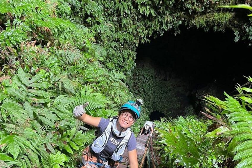 A person hiking in a dense forest with ferns and a cave entrance. 5