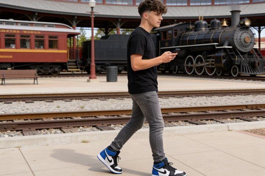 A person walking on a train platform with a steam locomotive in the background. 1