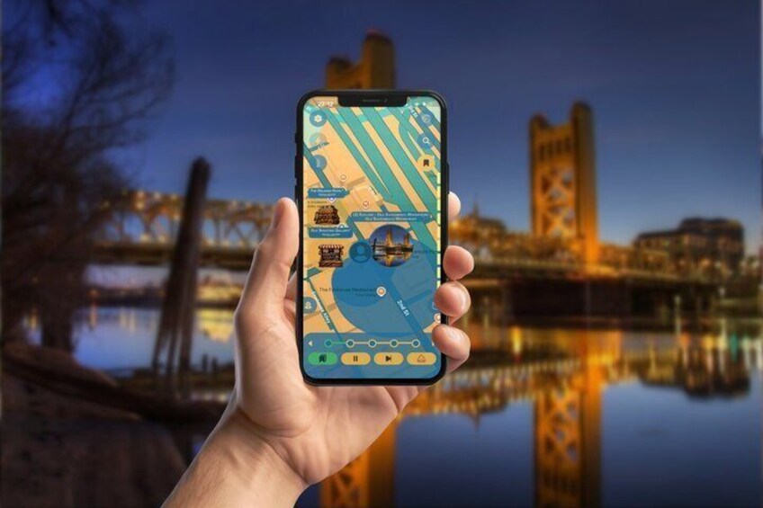 A hand holding a smartphone displaying a map with a bridge and buildings in the background. 5
