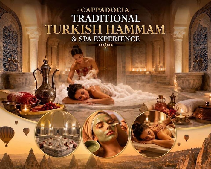 A traditional Turkish hammam with a spa experience, featuring a woman receiving a massage, a steam bath, and a luxurious setting with ornate decor. 1
