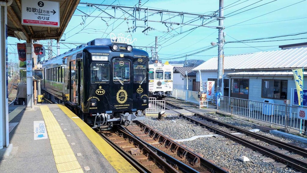 A train at a station with a sign for the Tama Densha Museum. 4