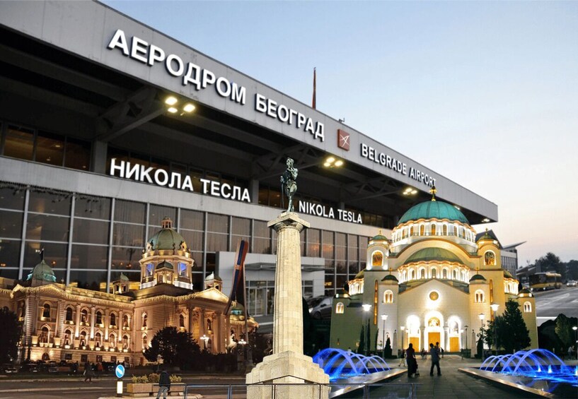The exterior of the Nikola Tesla building with the Belgrade Airport sign above. 5