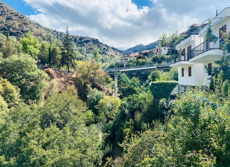 A mountainous landscape with lush greenery, a bridge, and residential buildings. 3