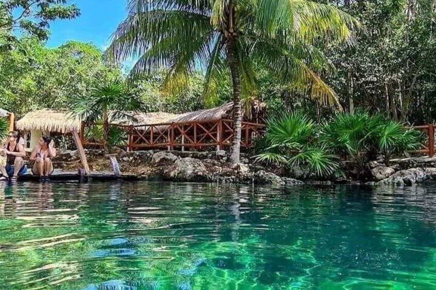A clear pool surrounded by tropical vegetation and a wooden structure. 5