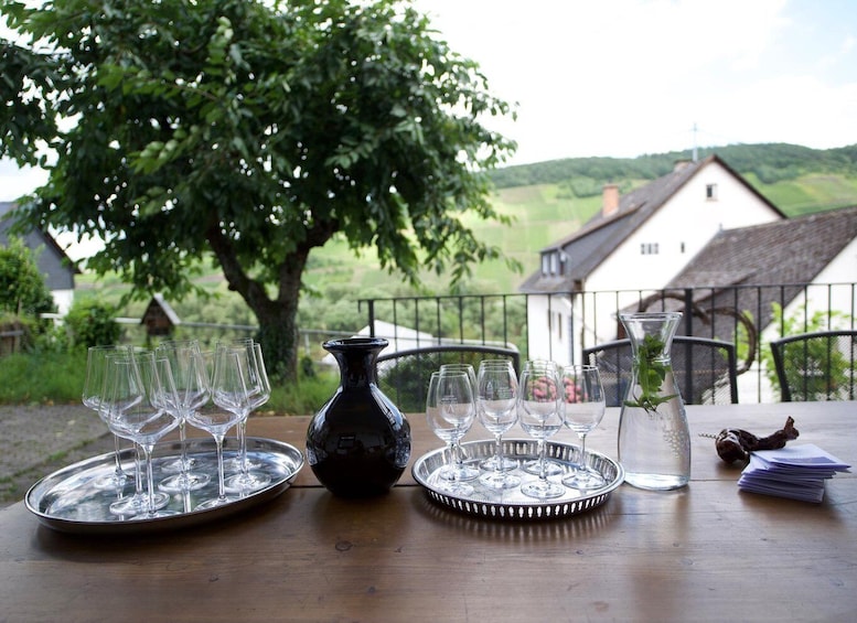 A table with wine glasses and a pitcher, set outdoors with a view of a rural landscape. 5