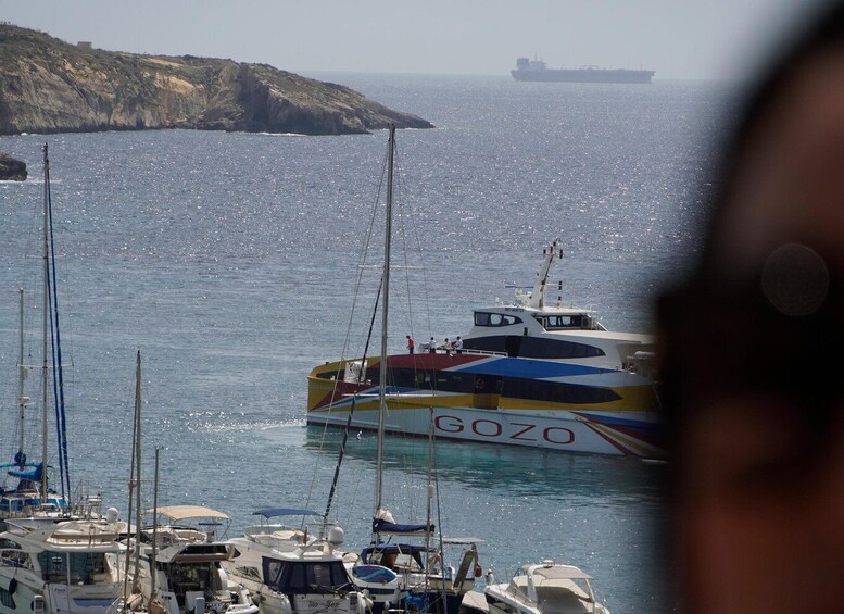A marina with boats, a large ship in the background, and a rocky coastline. 3