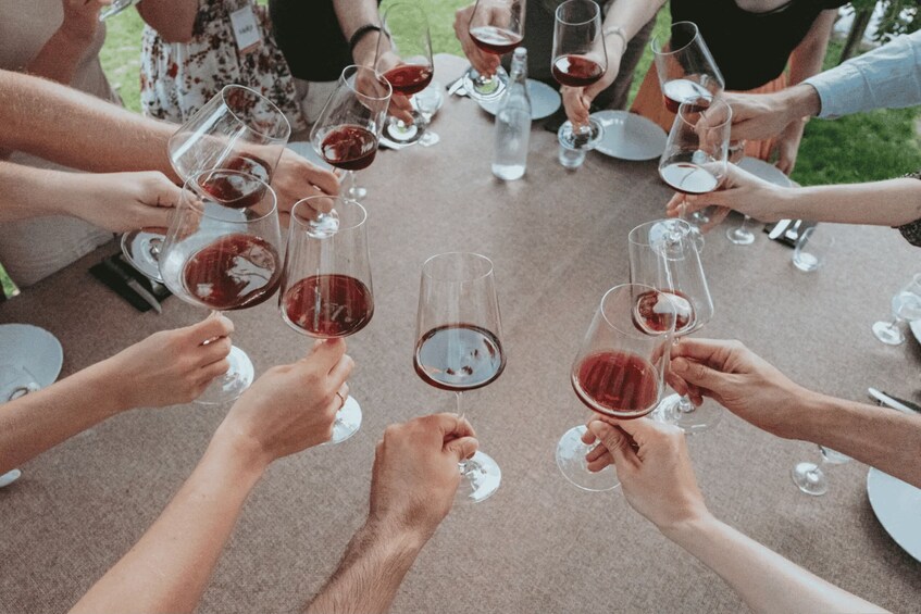 A group of people toasting with wine glasses around a table. 2