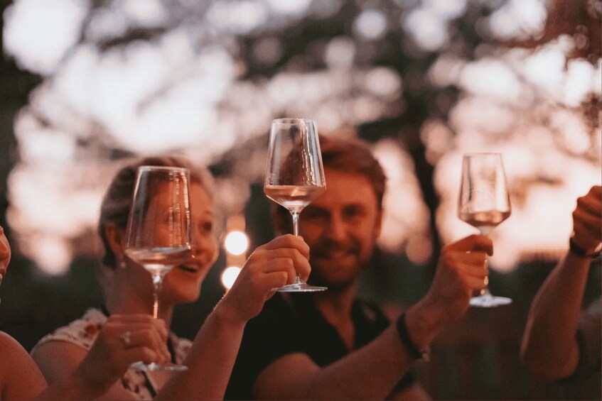A group of people holding wine glasses, toasting in a dimly lit outdoor setting. 4