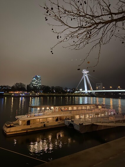 A river with a boat docked, a bridge, and a building with lights in the background. 3