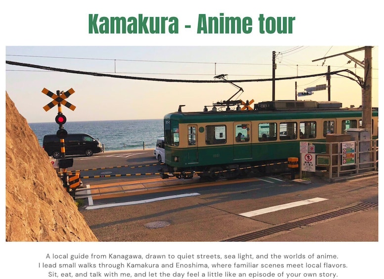 A green tram at a railway crossing with a coastal backdrop. 2