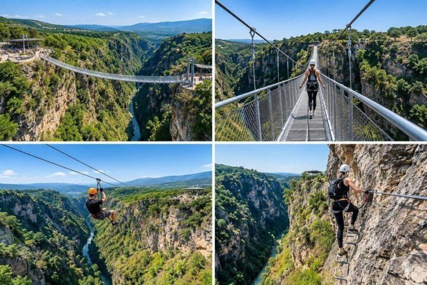 A suspension bridge, a zip line, and a person rappelling down a cliff. 1