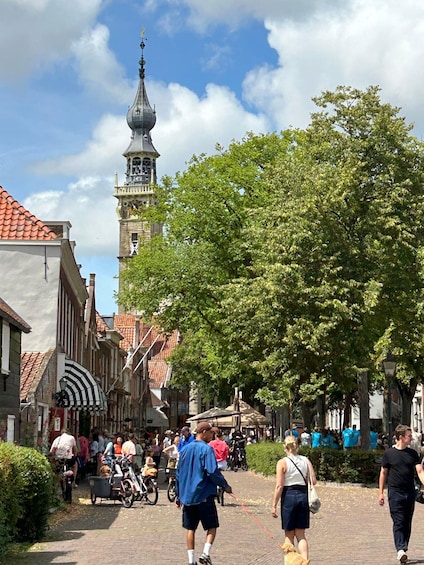 A cobblestone street lined with historic buildings, a large tree, and a tower with a spire. 3