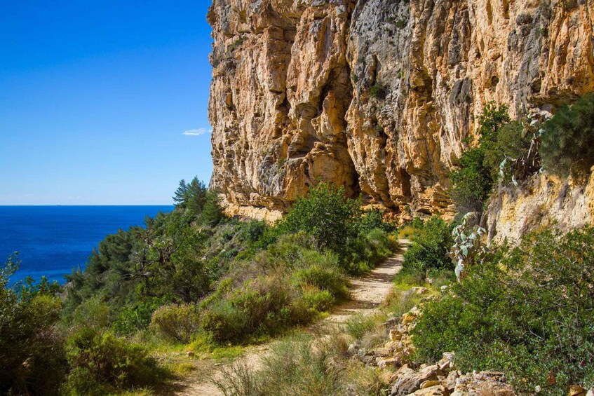 A rugged cliffside with a dirt path leading towards the sea. 2