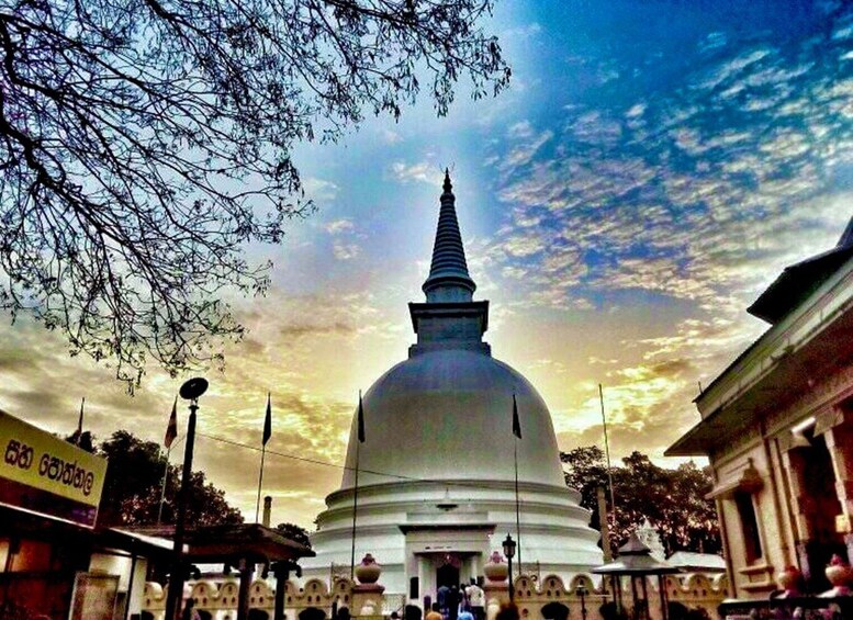 Eine weiße Stupa mit einer spitzen Spitze, umgeben von Bäumen und Gebäuden. 2