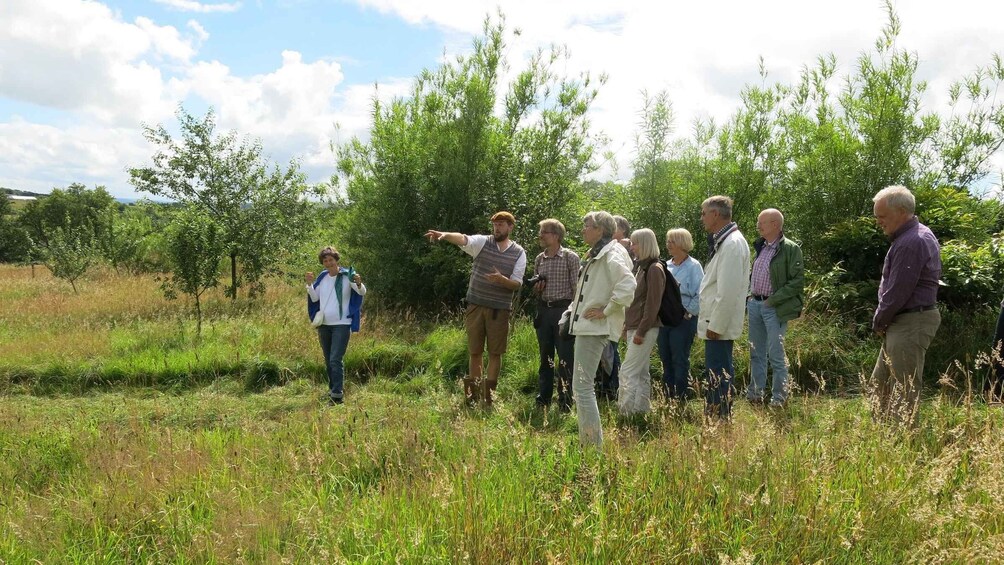 A group of people standing in a grassy field with trees in the background. 3
