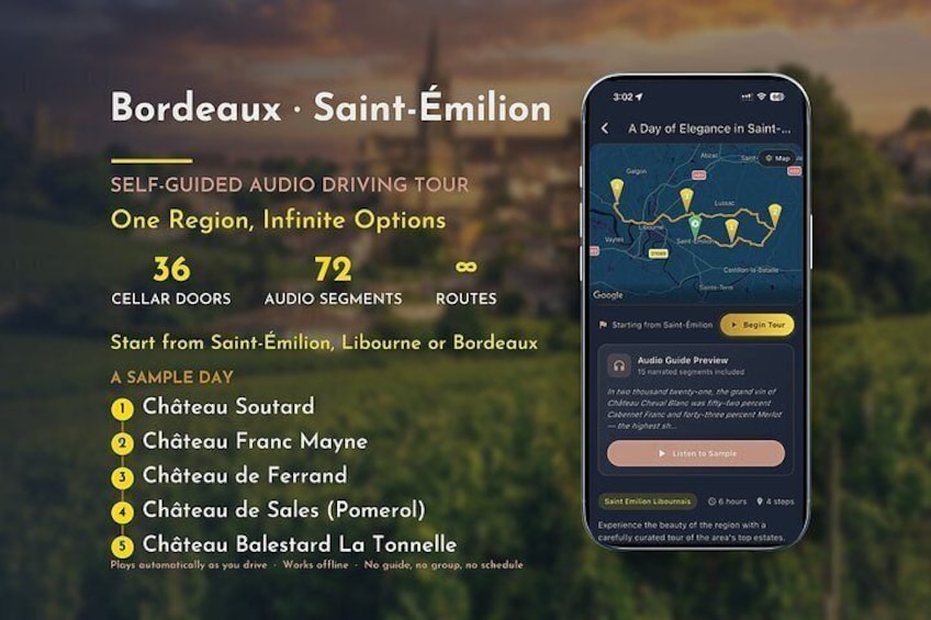 A smartphone displaying a self-guided audio driving tour app for Bordeaux and Saint-Émilion. 1