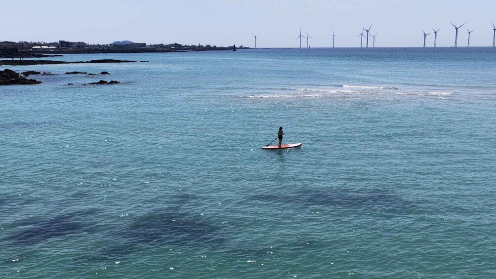 A person paddleboarding on calm waters with wind turbines in the background. 2