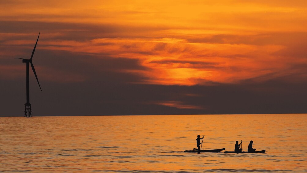 A sunset over a calm sea with wind turbines and people paddling in a boat. 1