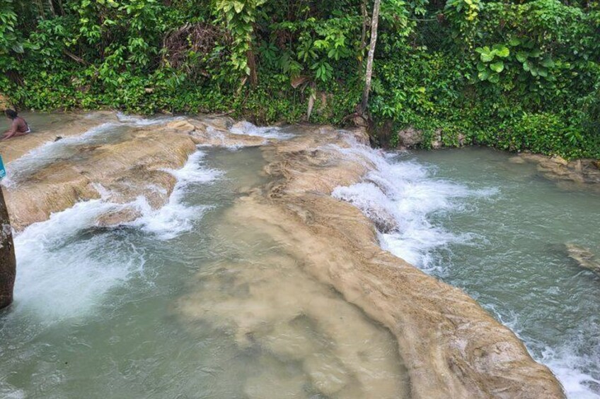 A river with clear water flowing over rocks, surrounded by dense green foliage. 2