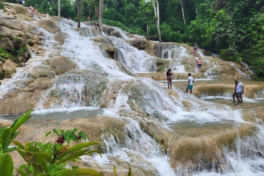 A waterfall cascading over rocks, surrounded by lush greenery. 3
