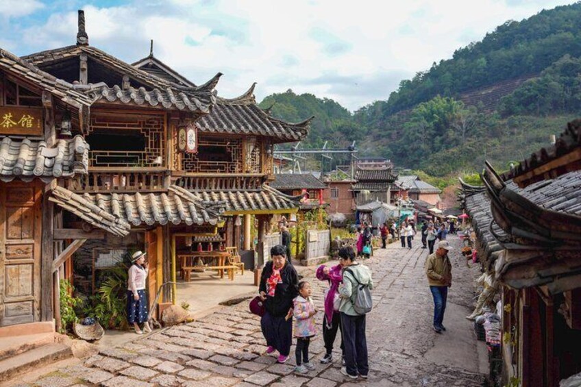 A traditional village street with wooden buildings, a cobblestone path, and people walking. 5