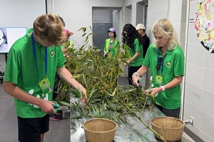 People in green shirts working with plants and baskets in a room. 5