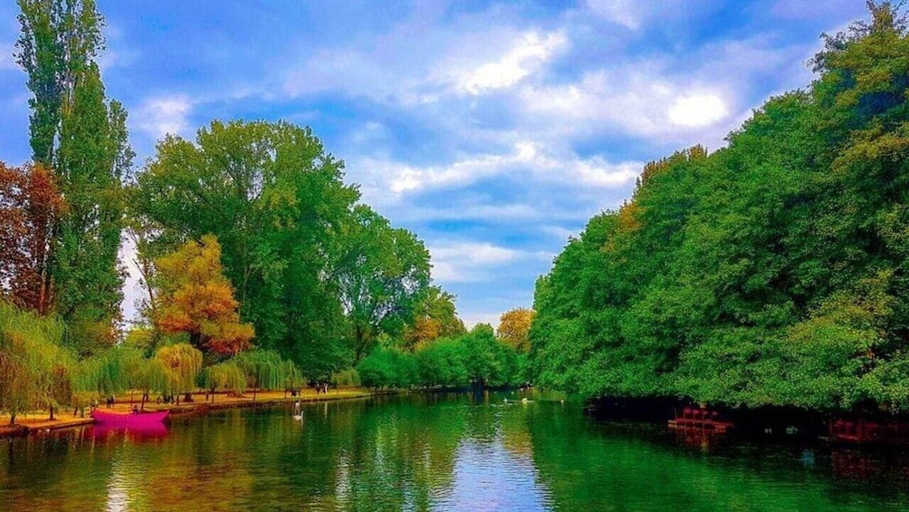 A calm river with dense green trees on both sides, a clear sky, and a few people walking along the riverbank. 1