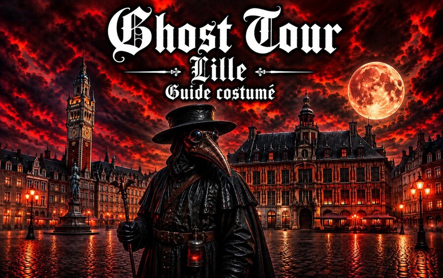 Un guide de costumes sur le thème gothique pour une visite de la ville, avec en vedette un grand beffroi et une pleine lune. 1