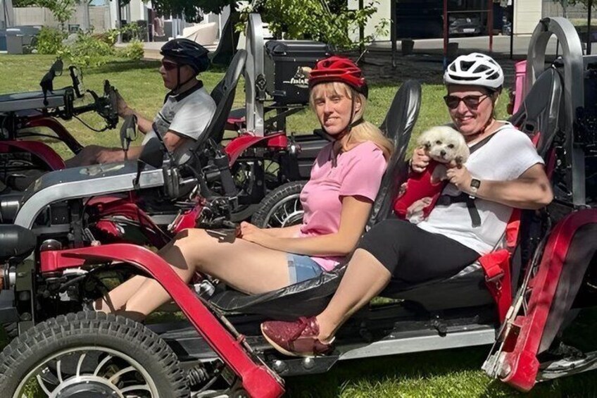 Three people in a red and black vehicle, with a small dog, in a grassy area. 5