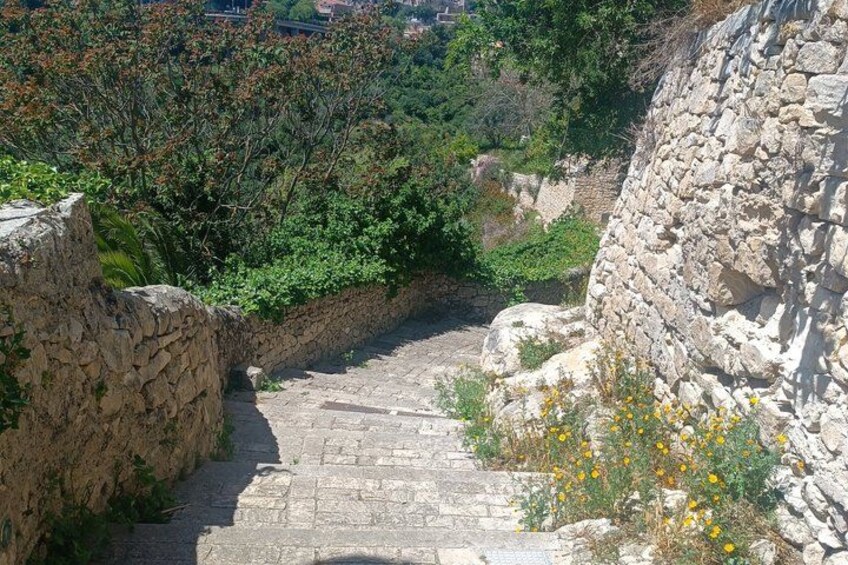 A stone staircase leading uphill, surrounded by vegetation and a stone wall. 2