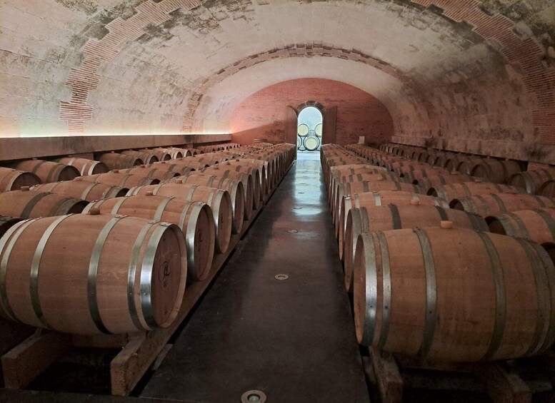 A wine cellar with rows of wooden barrels and a vaulted ceiling. 3