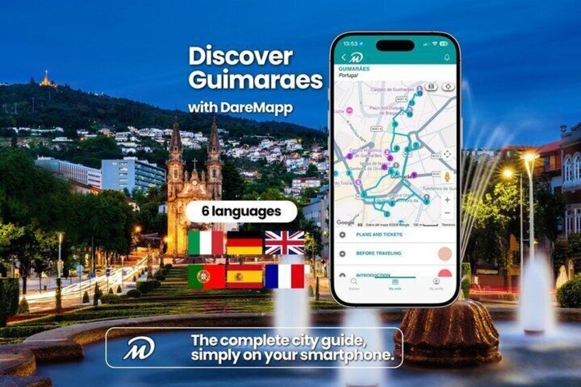 A smartphone displaying a map with the Guimarães city guide, featuring a cityscape, a church, and a fountain. 1