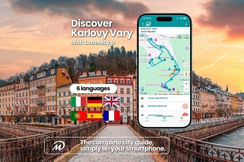 A smartphone displaying a map of Karlovy Vary with a city guide, flags of 6 languages, and a scenic view of a bridge and buildings. 1