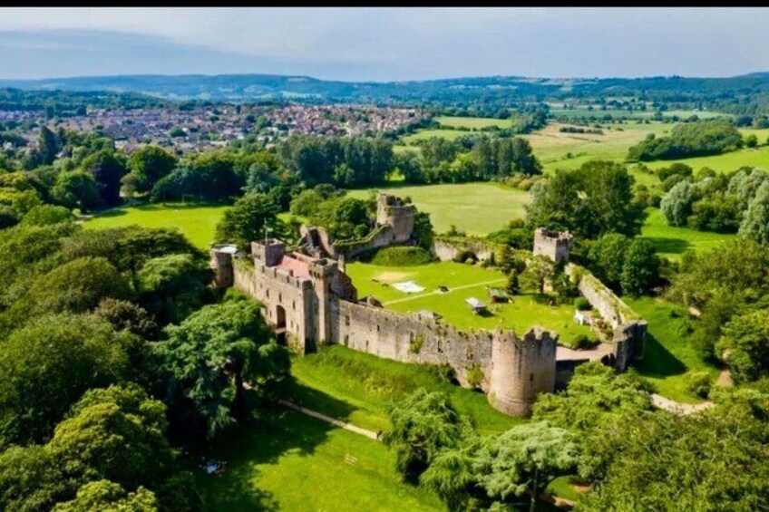 A historic castle surrounded by lush greenery and a distant town. 3