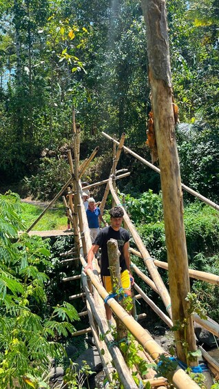 A person climbing a bamboo bridge in a lush green forest. 3