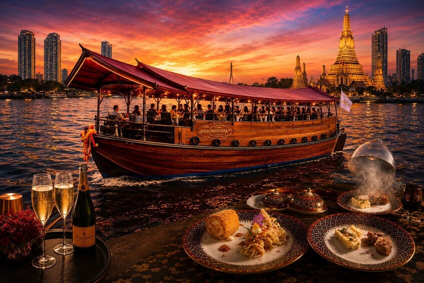 A boat with passengers, a sunset, and a cityscape with a temple in the background. 1