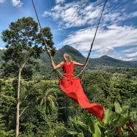 A person in a red dress swinging on a rope swing over a lush landscape with mountains in the background. 2
