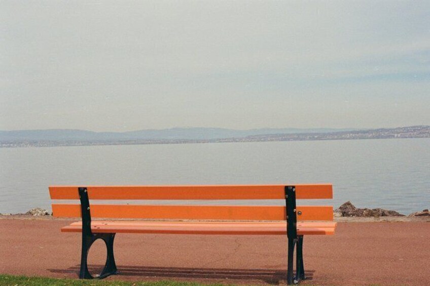 A bench with a metal frame and orange slats, positioned on a paved area near a body of water with a distant shoreline. 2