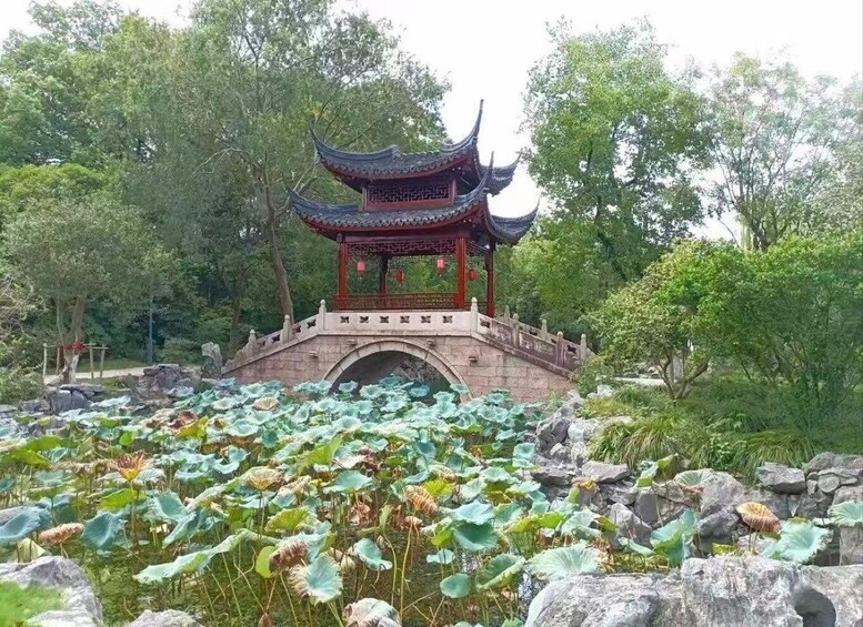 A traditional Chinese pavilion with a tiled roof, surrounded by lush greenery and a lotus pond. 3