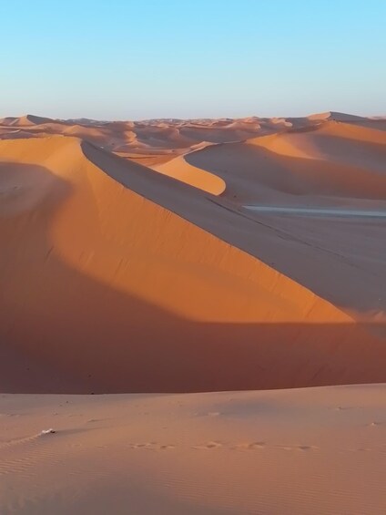 A desert landscape with rolling sand dunes and a clear sky. 5