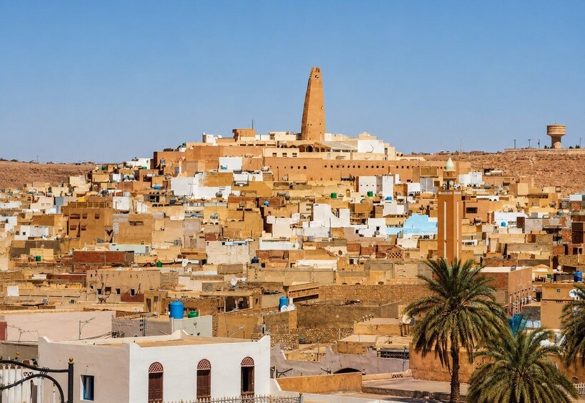 A densely packed urban area with a prominent minaret and a water tower. 4