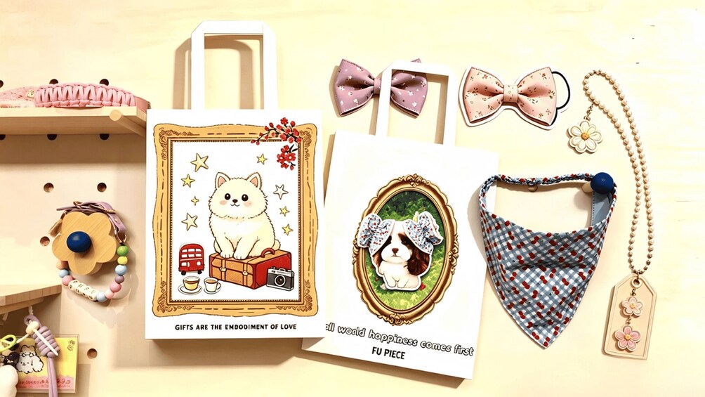 A collection of travel-themed items including a card with a dog illustration, a bow, a necklace, and a beaded bracelet. 1