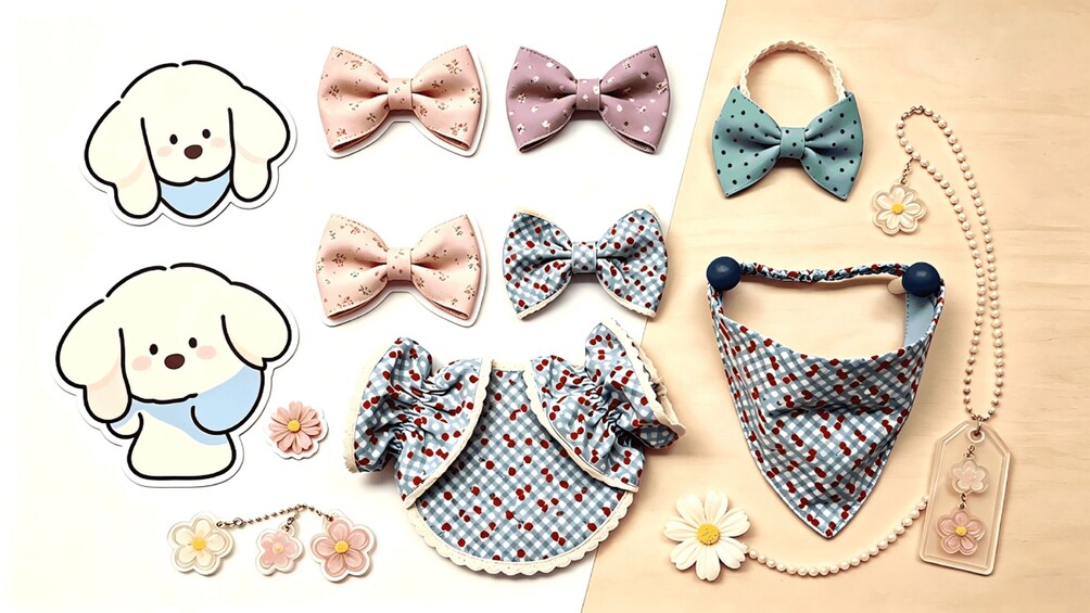 A collection of bow ties, a bow, a necklace, and a dog-themed keychain. 4