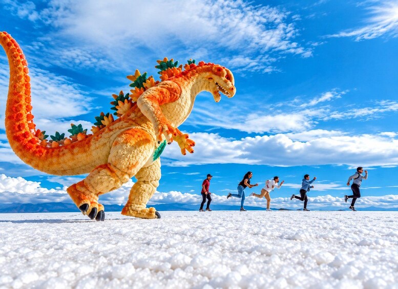A dinosaur and people running on a snowy landscape. 1