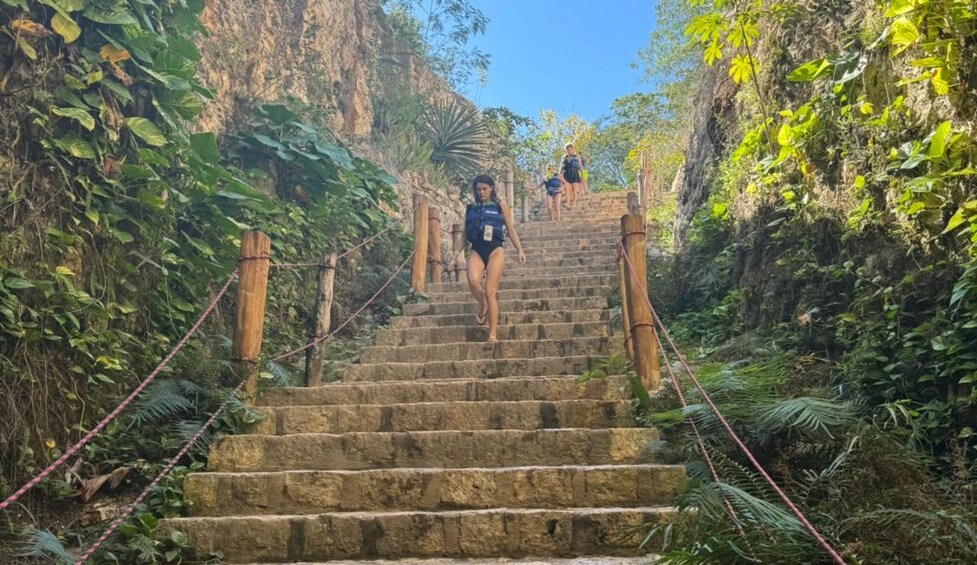 A stone staircase surrounded by lush greenery. 4