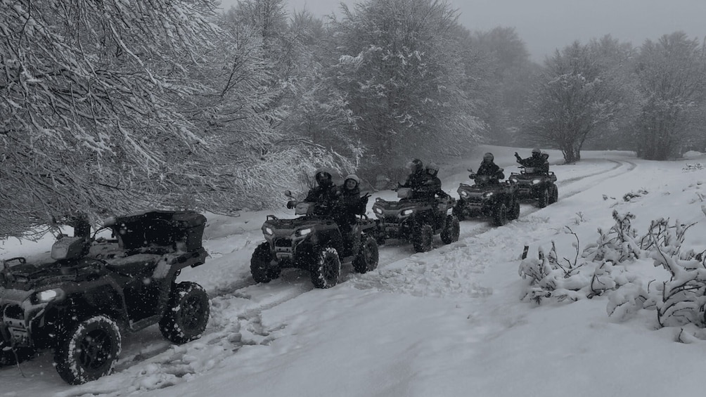 A group of all-terrain vehicles on a snowy road. 2