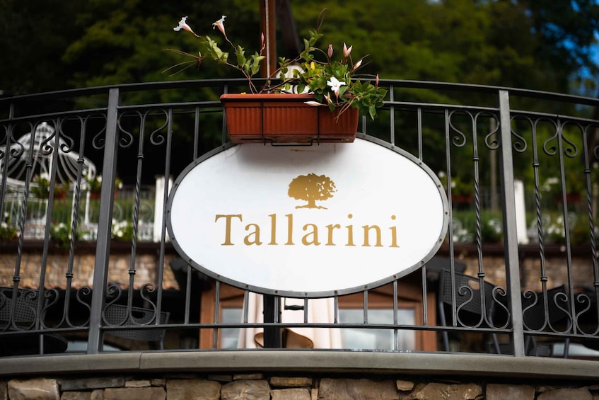 A sign with the name 'Tallarini' and a hanging planter with flowers. 3