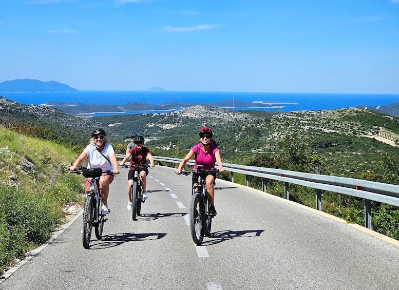 Three cyclists on a paved road with a scenic view of a coastal landscape and mountains in the background. 5